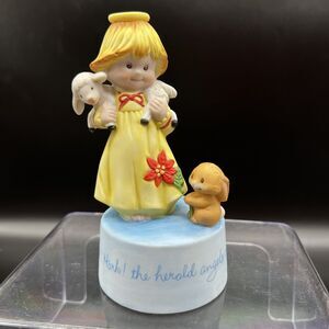 VTG Abby Angel Christmas music box "Hark the Herald Angels" Bunny Lamb Flower